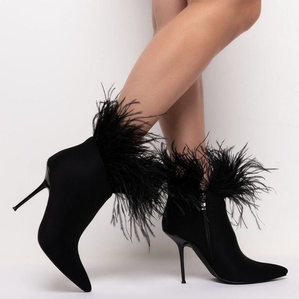 AZALEA WANG RUFFLE YOUR FEATHERS STILETTO BOOTIE IN BLACK